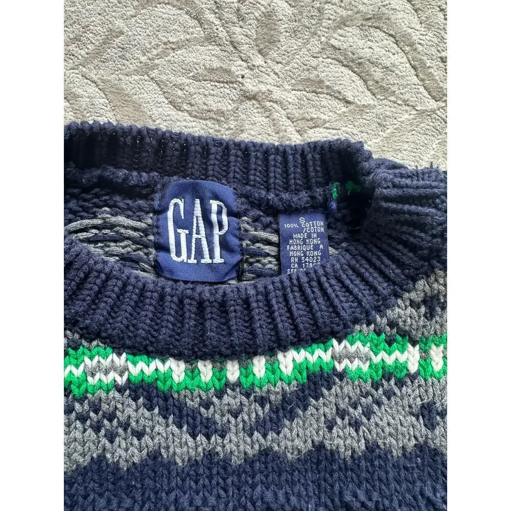 Vintage 90s GAP Rare Sweater Men’s Small Fair Isle Knit Blue Green Cotton